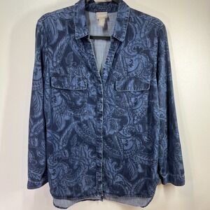 Chico's Paisley Lyocell Split-Back Button-Down Shirt Size 2 Large Soft Relaxed